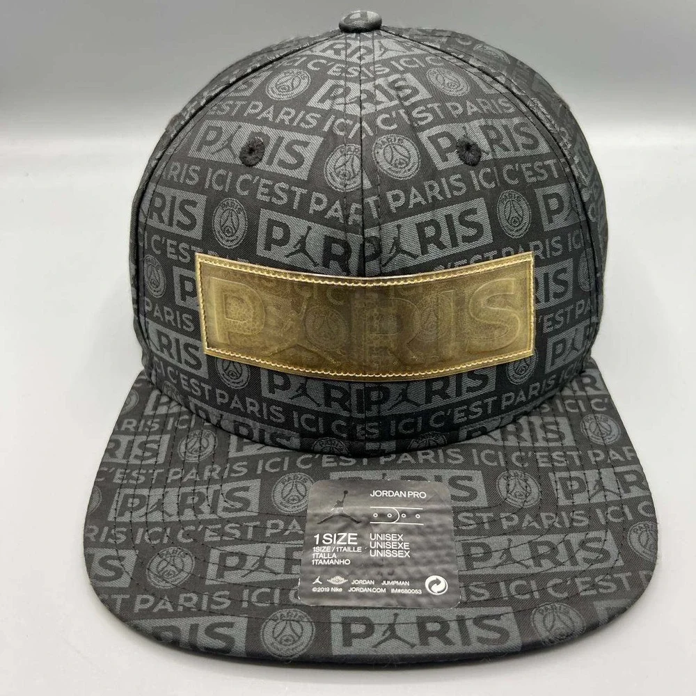 Air Jordan Paris Saint Germain Hat Men Black All Over Logo Jumpman Snap Back Cap